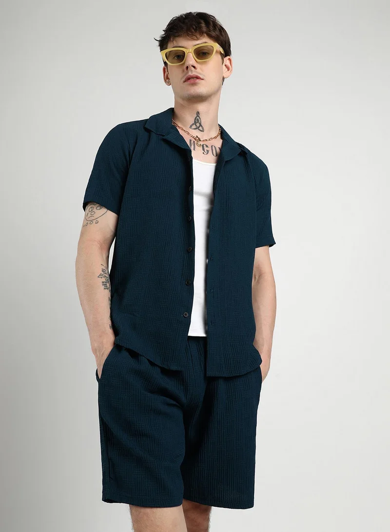 Campus Sutra Men's Navy Blue Textured Interwine Co-Ord Set For Casual Wear | Cuban Collar | Short Sleeve | Button Closure | Co-Ords Crafted With Comfort Fit For Everyday Wear